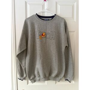 Vintage Disney Winnie The Pooh Embroidered Sweatshirt - Grey & Navy - Large
